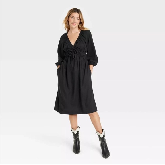 Universal Thread Dresses & Skirts - Universal Thread Black Linen Midi 3/4 Puff Sleeve Ruched Peasant Dress‎ …